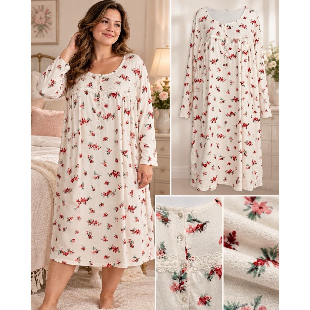 Laura Ashley Nightgown Womens 2X Plus Floral Lace Stretch Soft Long Sleeve 41"